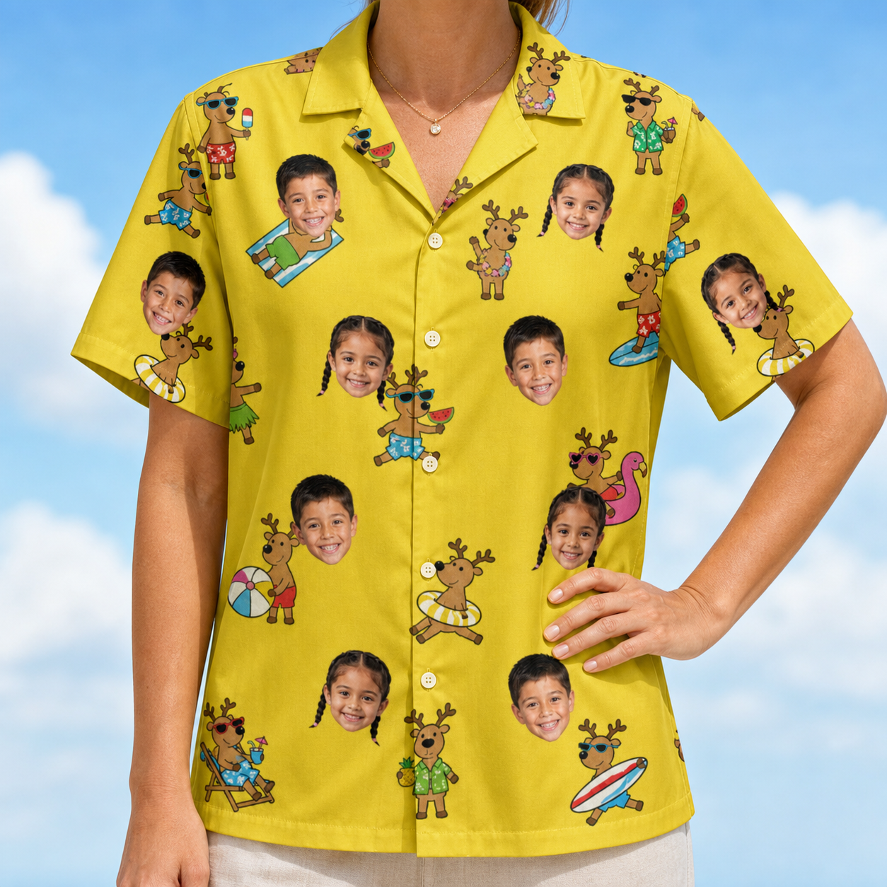 Model wearing Women's Antler Antics Custom Face Hawaiian Shirt printed with kids' faces