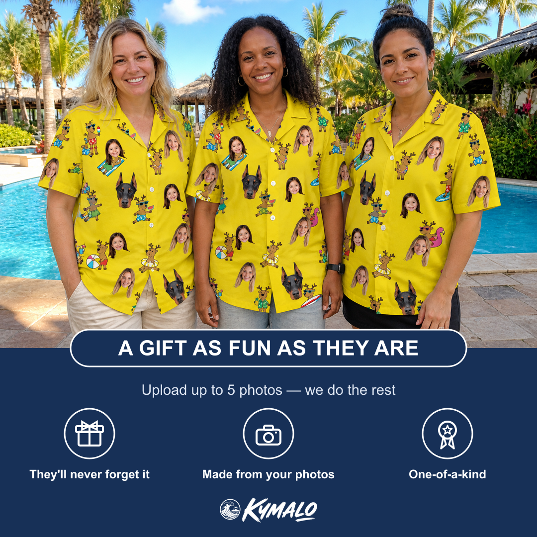 Friends in matching Women's Antler Antics Custom Face Hawaiian Shirt — a group gift photo
