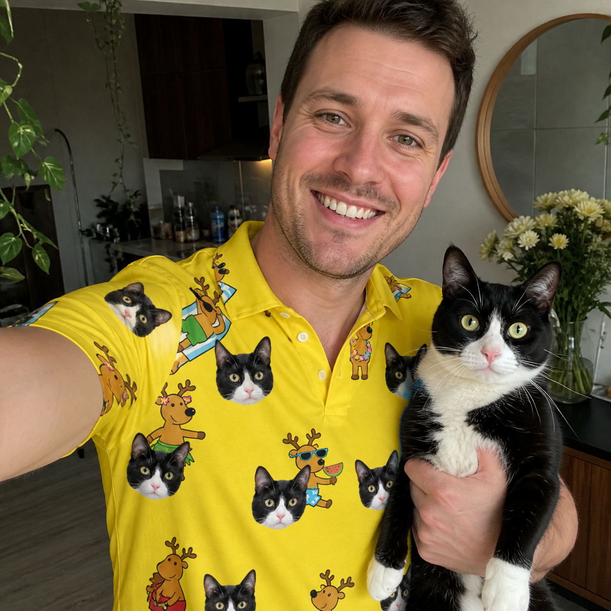 Selfie with the pet whose face is printed all over this Men's Antler Antics Custom Cat Face Polo Shirt