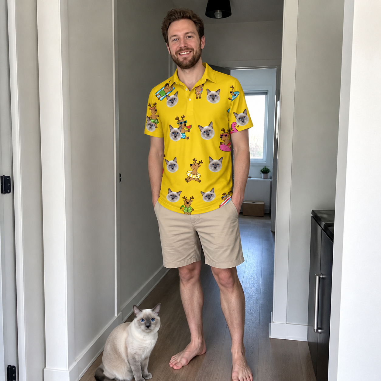 Full-length photo with the pet printed all over this Men's Antler Antics Custom Cat Face Polo Shirt