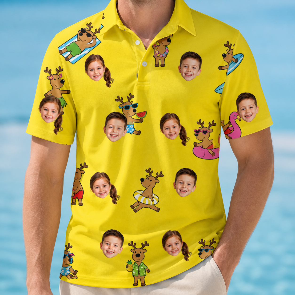Model wearing Men's Antler Antics Custom Face Polo Shirt printed with kids' faces