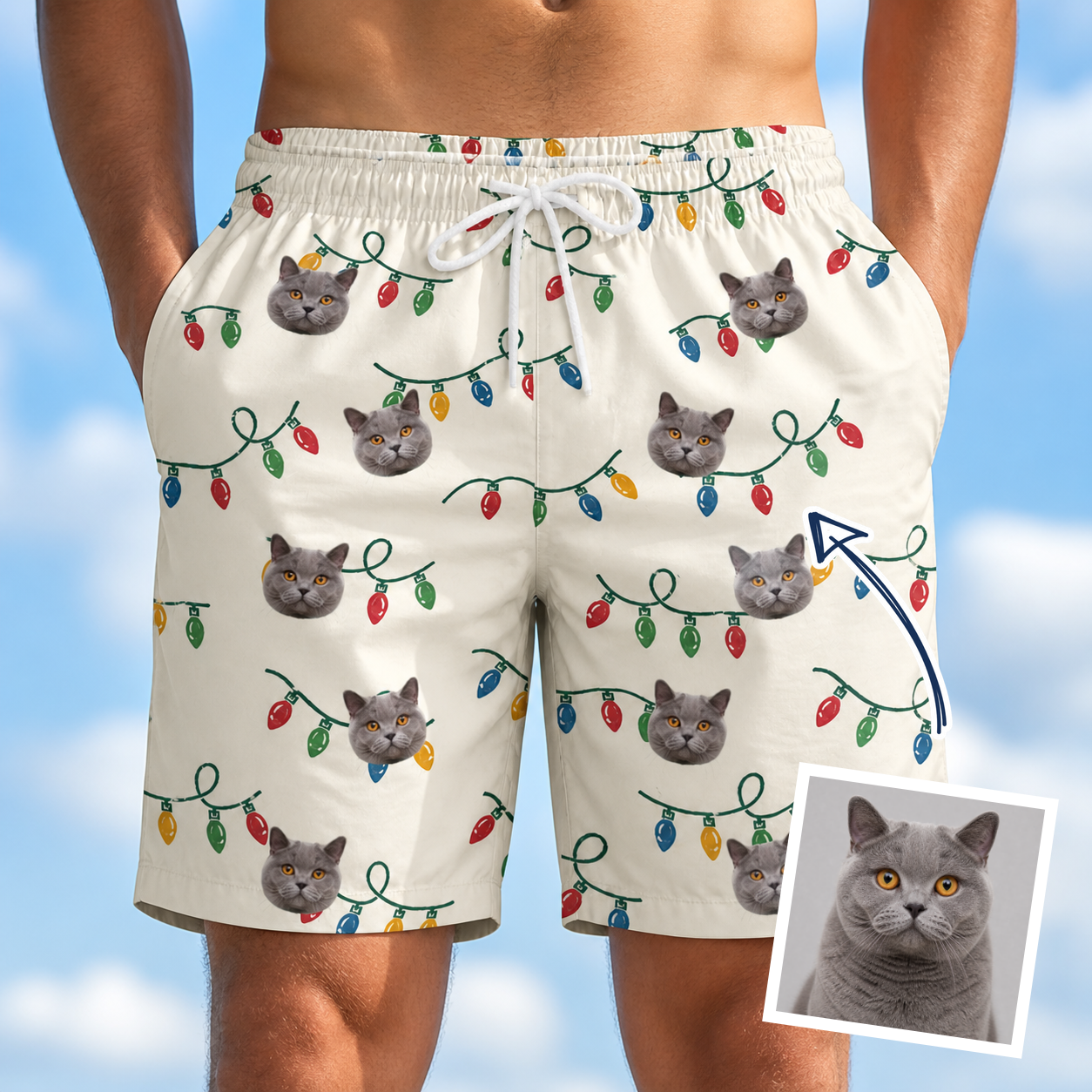 Man wearing Men's Twinkle Tangled Custom Cat Face Beach Shorts — custom faces printed all-over