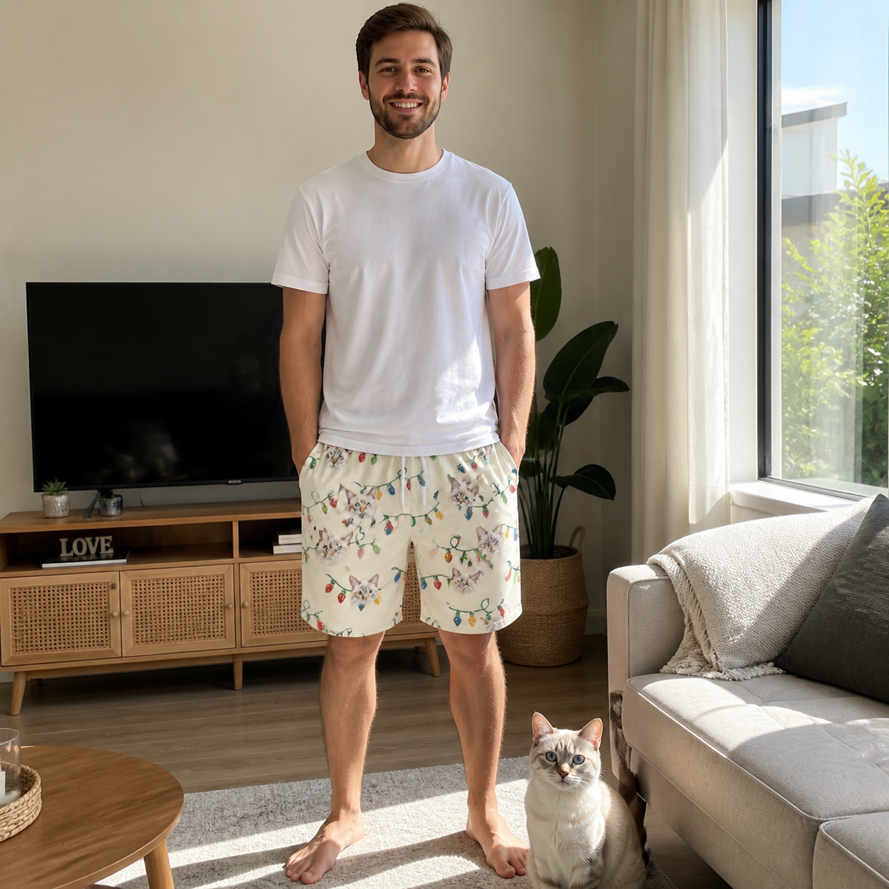 Full-length photo with the pet printed all over this Men's Twinkle Tangled Custom Cat Face Beach Shorts