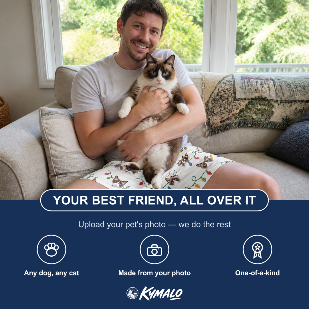 Friends in matching Men's Twinkle Tangled Custom Cat Face Beach Shorts — a group gift photo