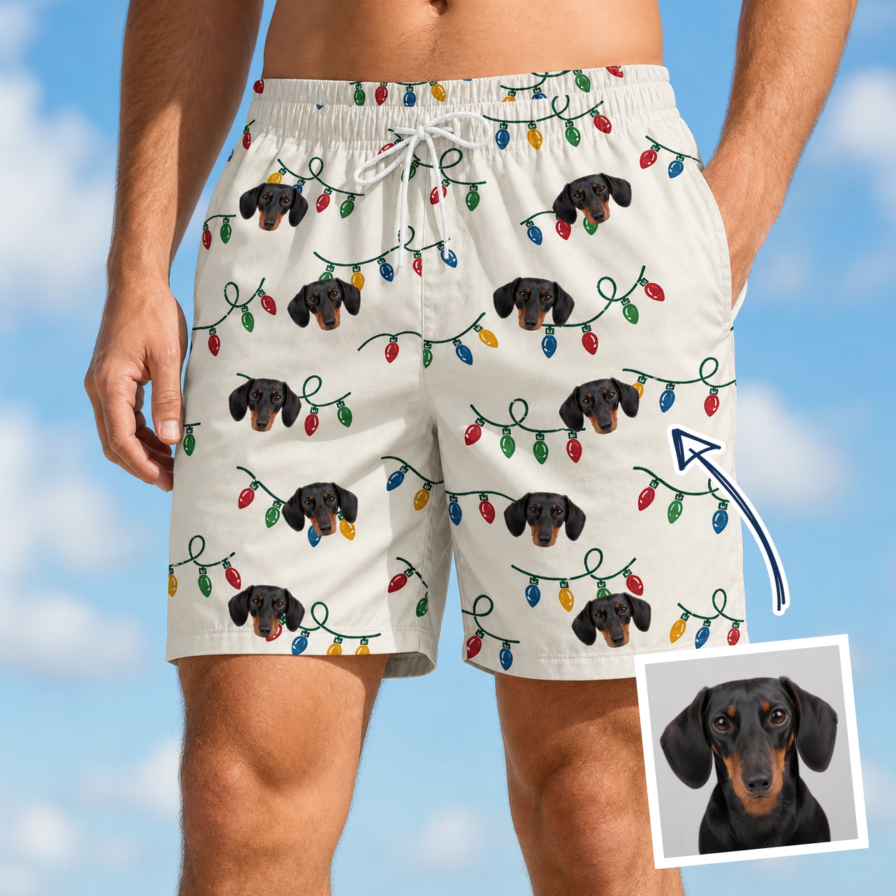 Man wearing Men's Twinkle Tangled Custom Dog Face Beach Shorts — custom faces printed all-over
