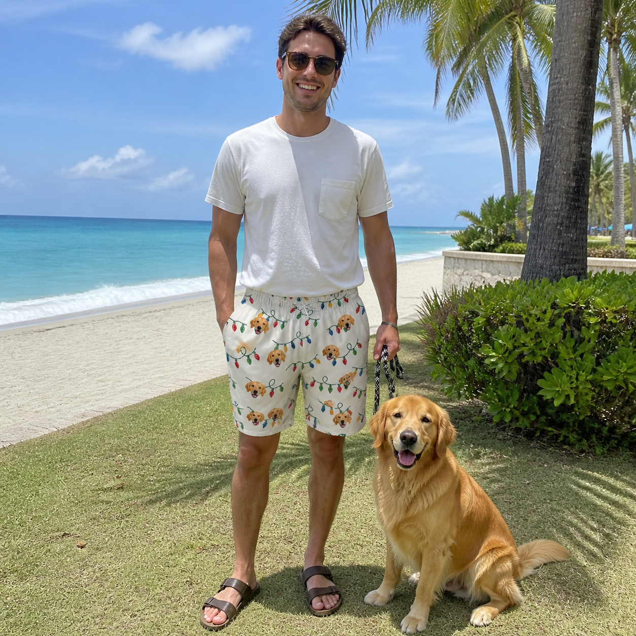 Full-length photo with the pet printed all over this Men's Twinkle Tangled Custom Dog Face Beach Shorts