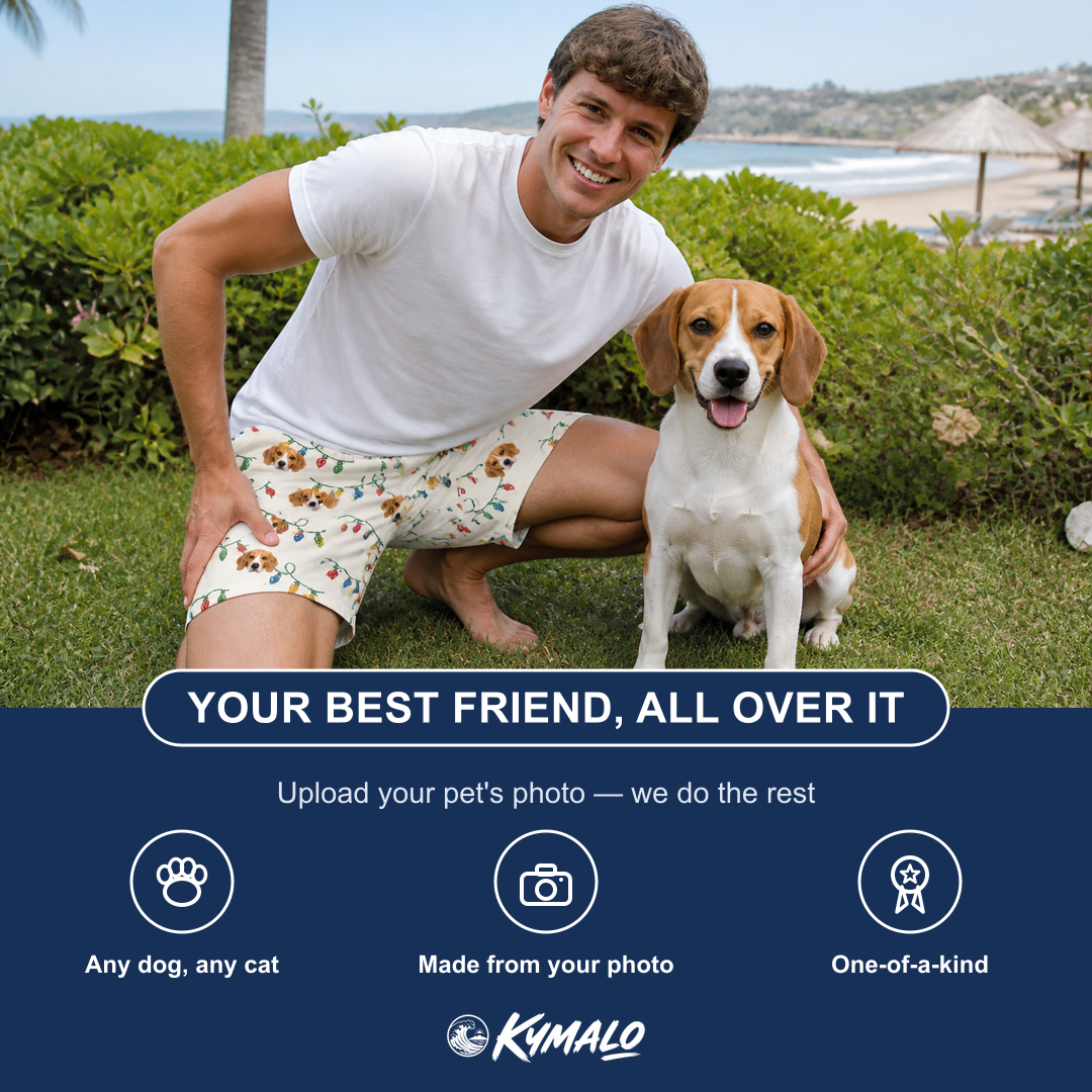 Friends in matching Men's Twinkle Tangled Custom Dog Face Beach Shorts — a group gift photo