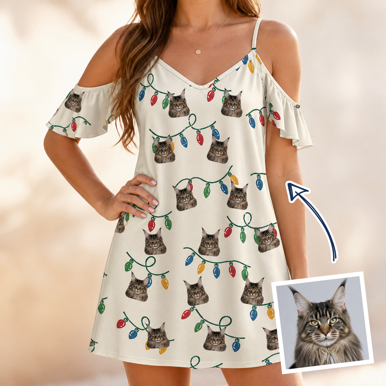Woman wearing Women's Twinkle Tangled Custom Cat Face Off-Shoulder Dress — custom faces printed all-over