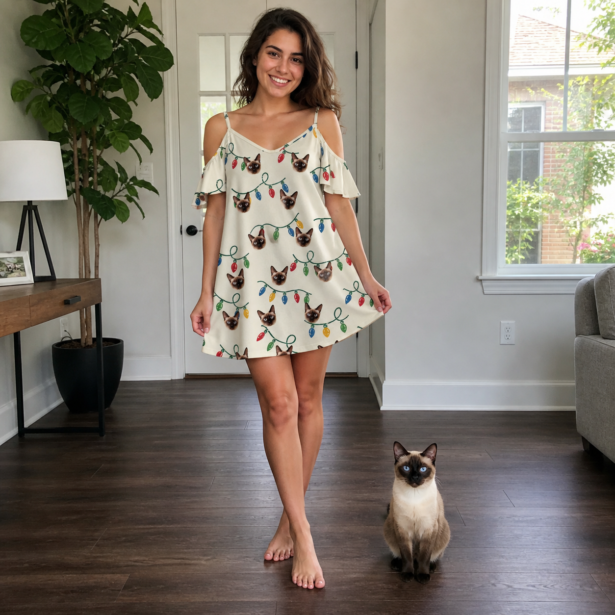 Full-length photo with the pet printed all over this Women's Twinkle Tangled Custom Cat Face Off-Shoulder Dress