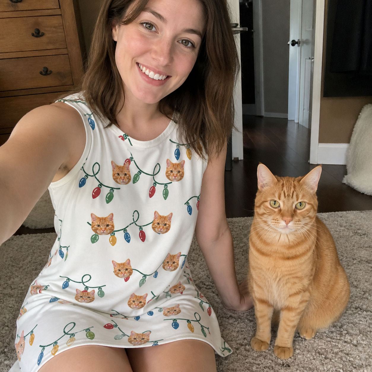 Selfie with the pet whose face is printed all over this Women's Twinkle Tangled Custom Cat Face Tank Dress