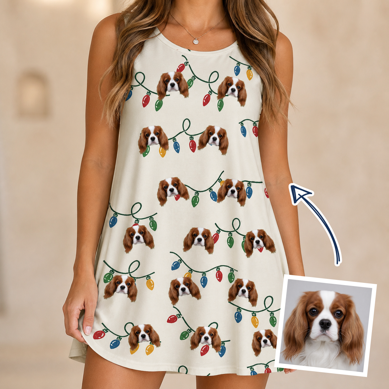 Woman wearing Women's Twinkle Tangled Custom Dog Face Tank Dress — custom faces printed all-over