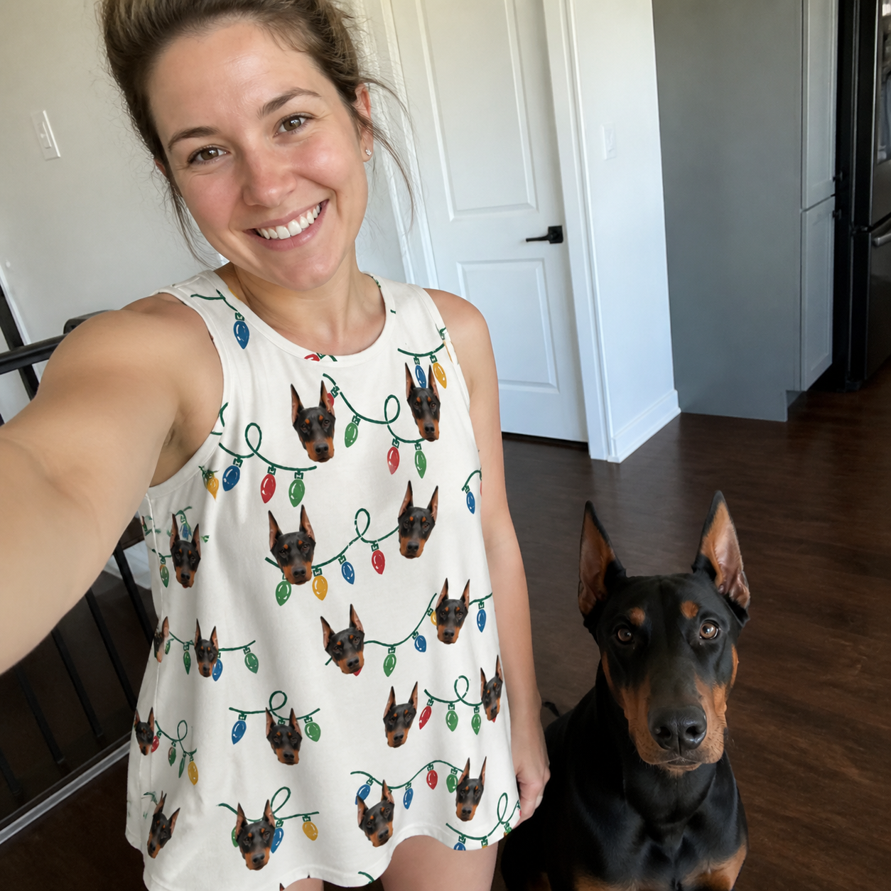 Selfie with the pet whose face is printed all over this Women's Twinkle Tangled Custom Dog Face Tank Dress