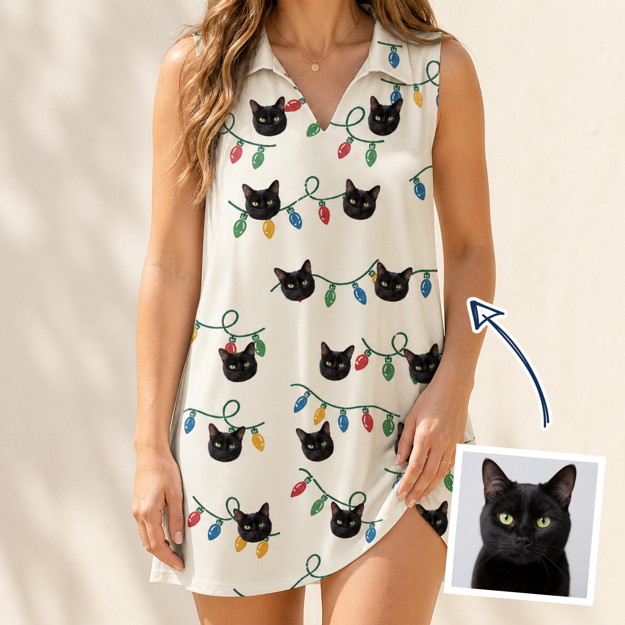 Woman wearing Women's Twinkle Tangled Custom Cat Face V-Neck Dress — custom faces printed all-over