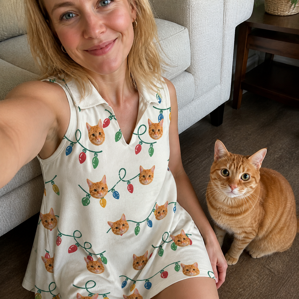 Selfie with the pet whose face is printed all over this Women's Twinkle Tangled Custom Cat Face V-Neck Dress