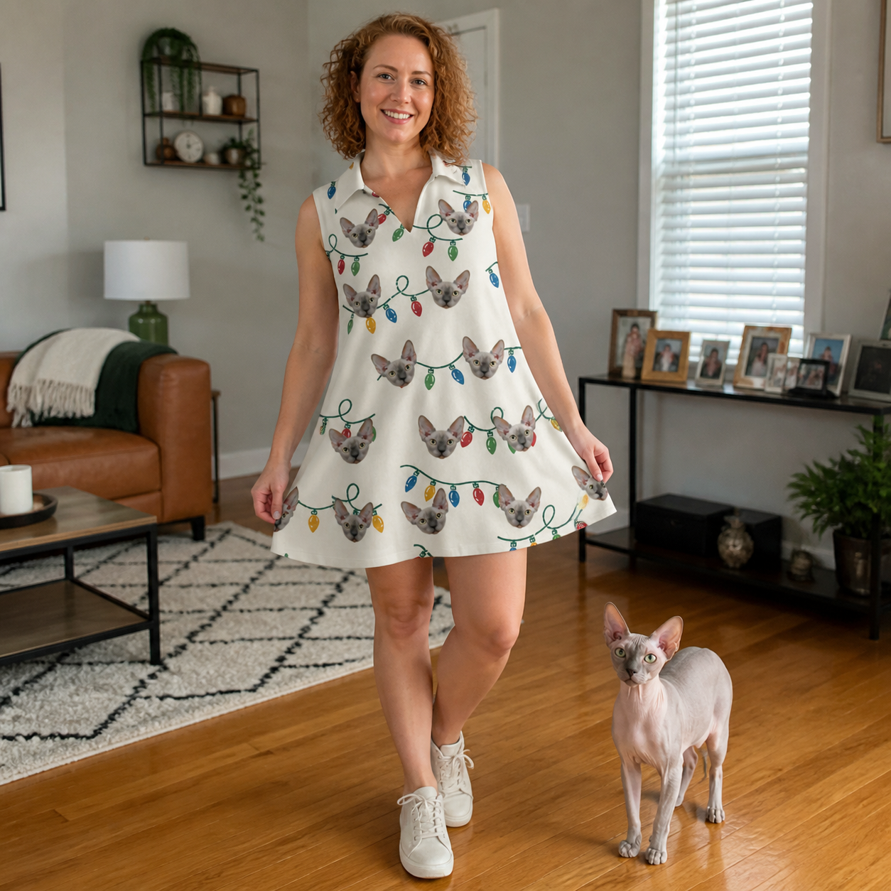 Full-length photo with the pet printed all over this Women's Twinkle Tangled Custom Cat Face V-Neck Dress