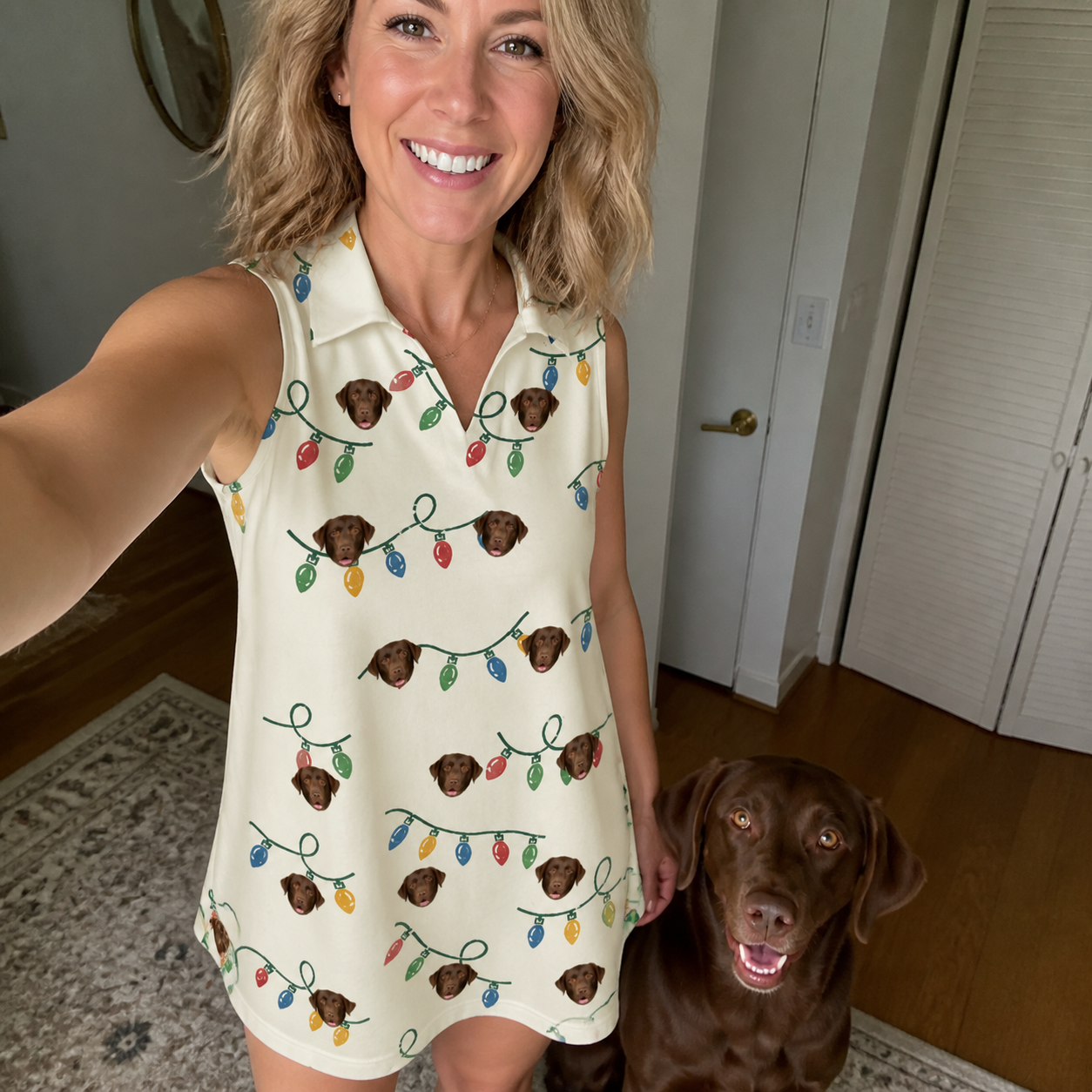 Selfie with the pet whose face is printed all over this Women's Twinkle Tangled Custom Dog Face V-Neck Dress