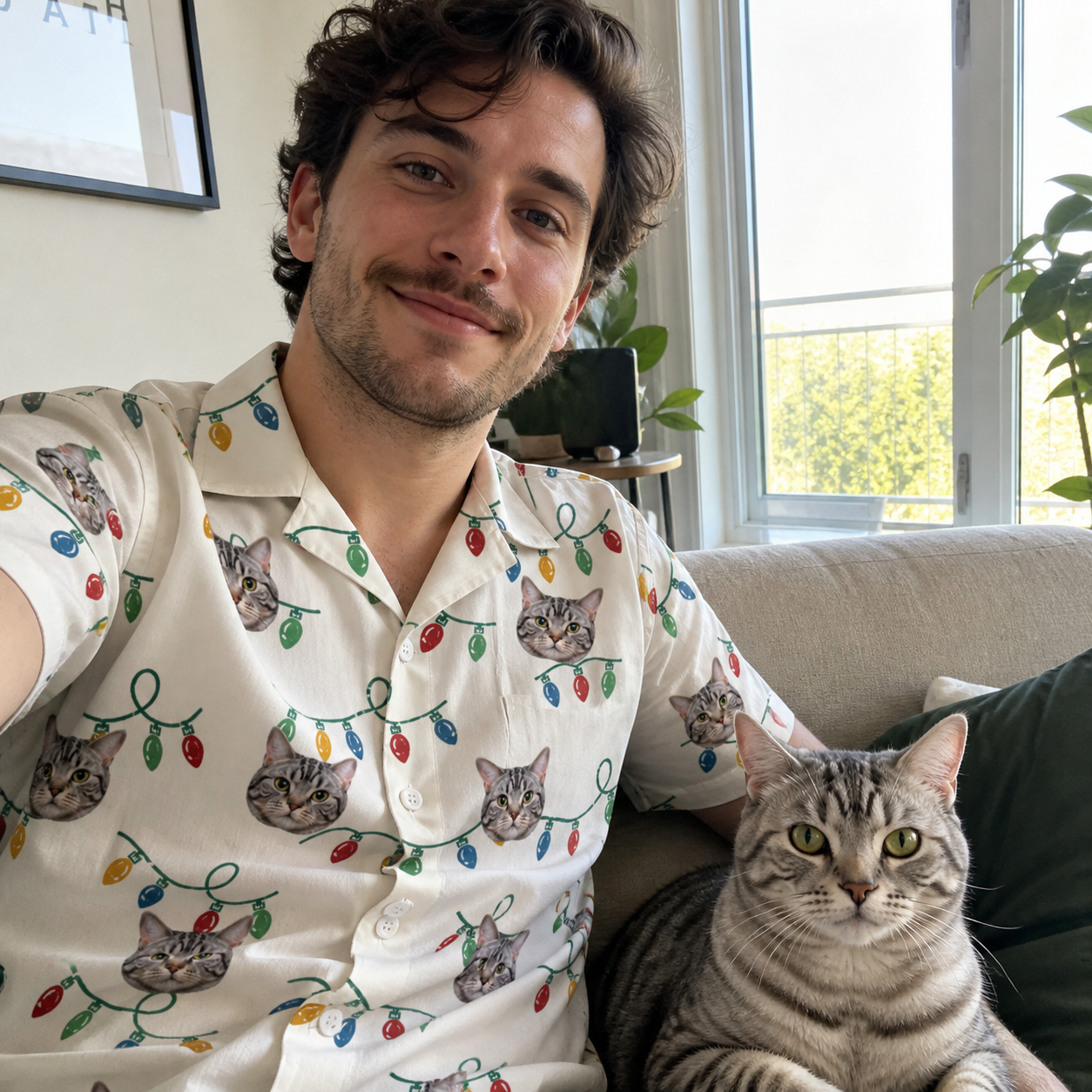 Selfie with the pet whose face is printed all over this Men's Twinkle Tangled Custom Cat Face Hawaiian Shirt