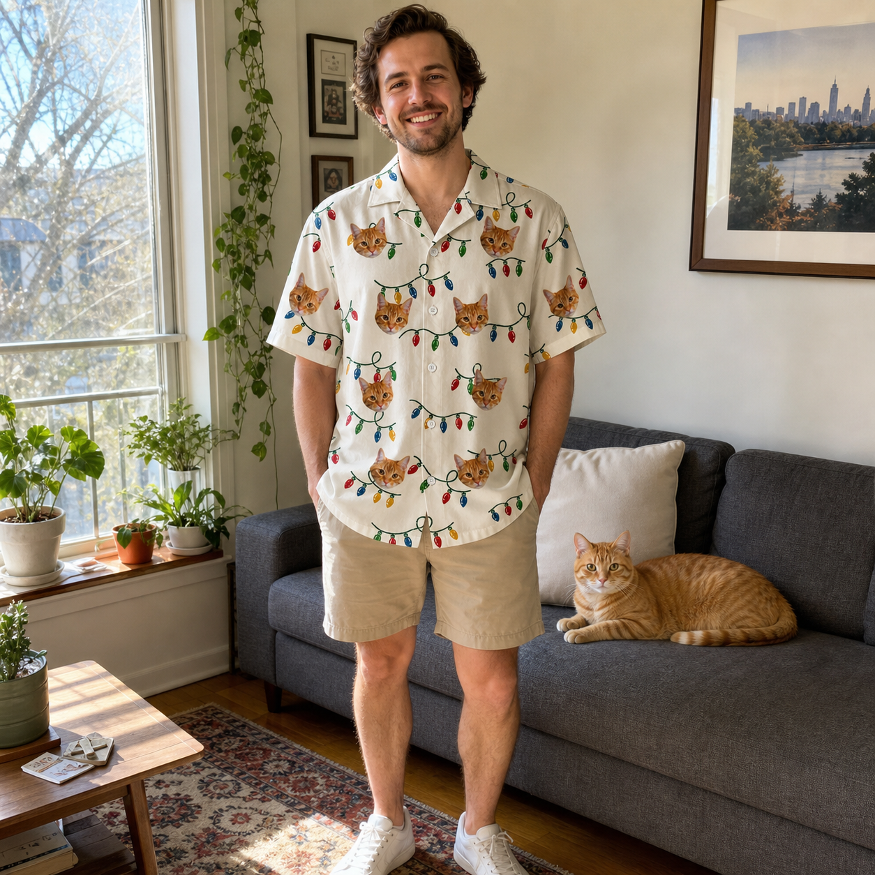 Full-length photo with the pet printed all over this Men's Twinkle Tangled Custom Cat Face Hawaiian Shirt
