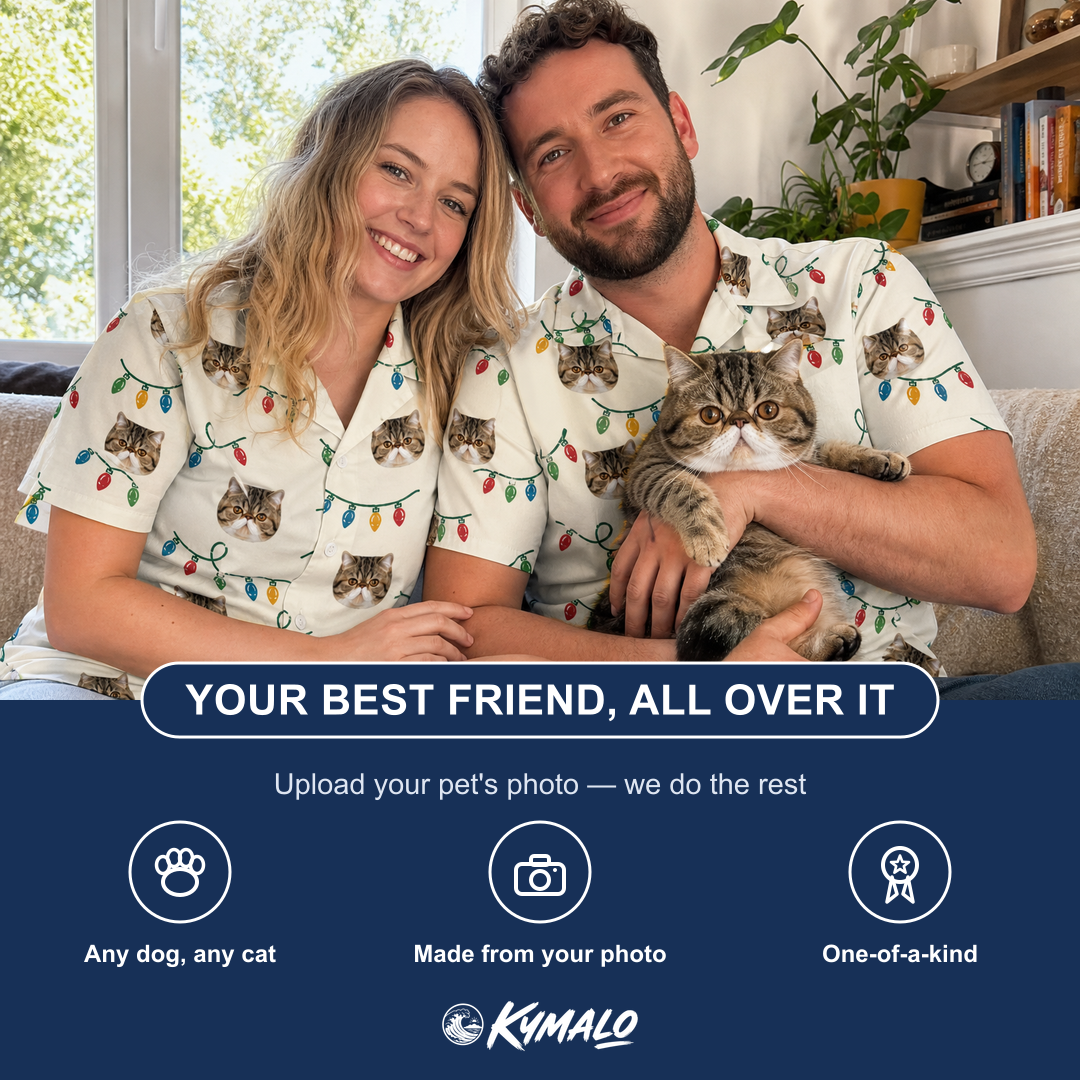 Friends in matching Men's Twinkle Tangled Custom Cat Face Hawaiian Shirt — a group gift photo