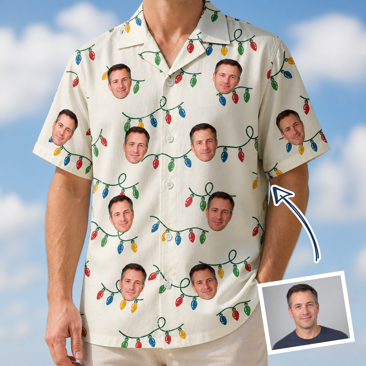 Man wearing Men's Twinkle Tangled Custom Face Hawaiian Shirt — custom faces printed all-over