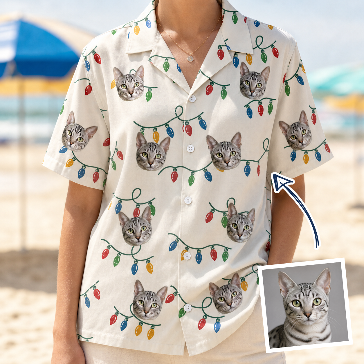 Woman wearing Women's Twinkle Tangled Custom Cat Face Hawaiian Shirt — custom faces printed all-over