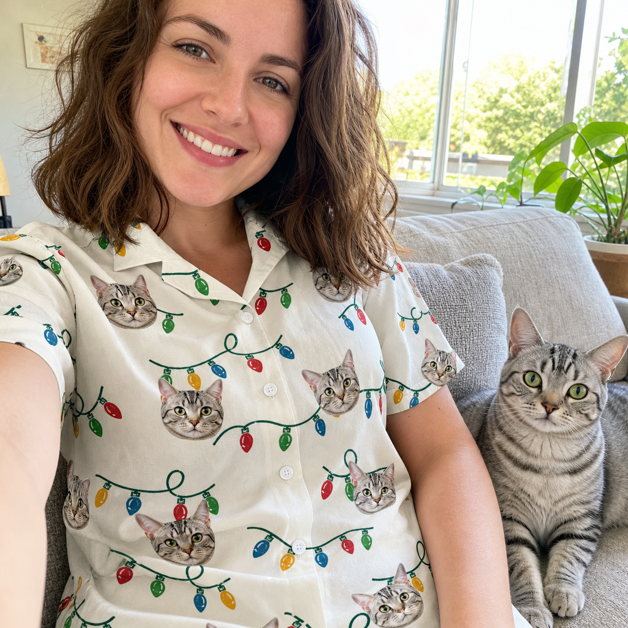 Selfie with the pet whose face is printed all over this Women's Twinkle Tangled Custom Cat Face Hawaiian Shirt