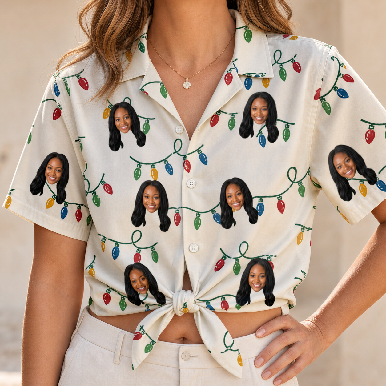 Woman wearing Women's Twinkle Tangled Custom Face Hawaiian Shirt tied at the waist