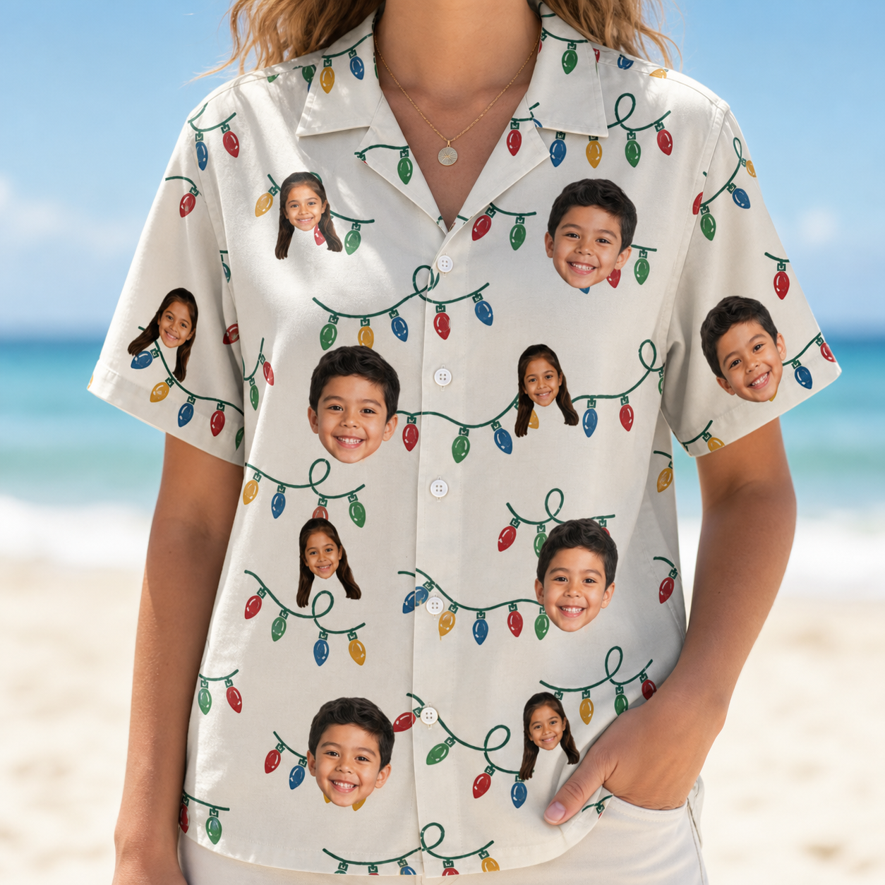 Model wearing Women's Twinkle Tangled Custom Face Hawaiian Shirt printed with kids' faces