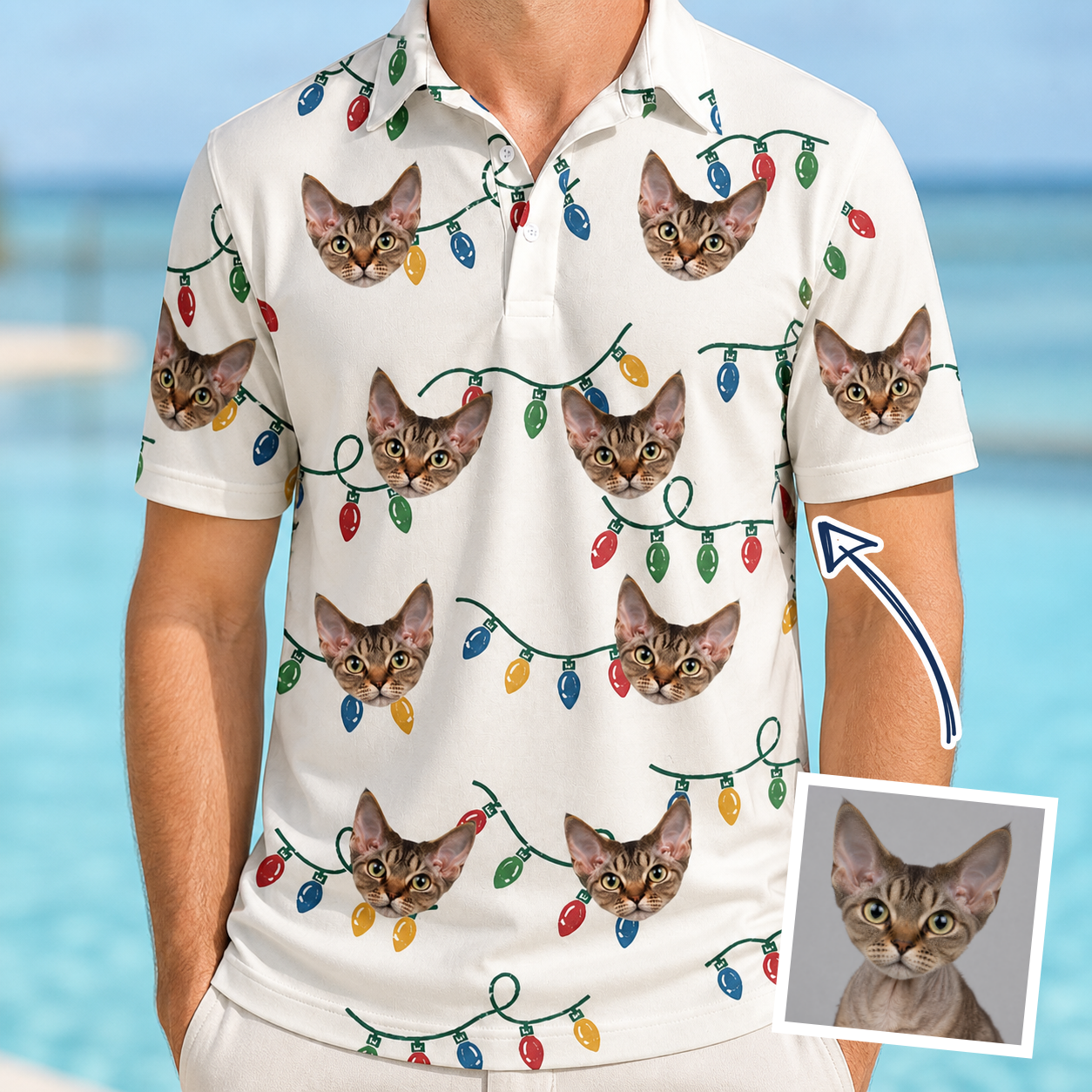 Man wearing Men's Twinkle Tangled Custom Cat Face Polo Shirt — custom faces printed all-over