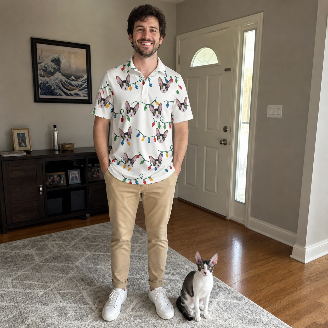 Full-length photo with the pet printed all over this Men's Twinkle Tangled Custom Cat Face Polo Shirt