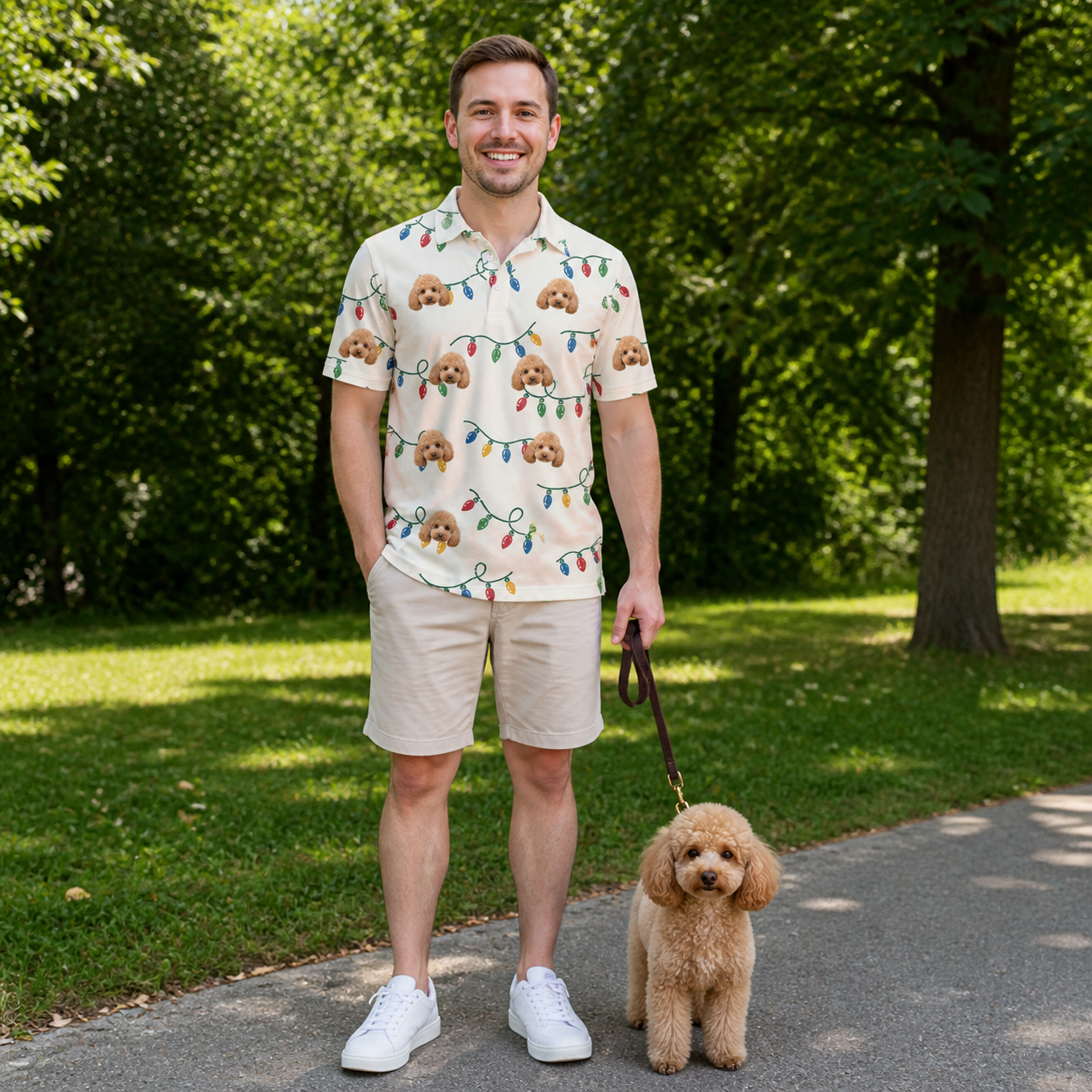 Full-length photo with the pet printed all over this Men's Twinkle Tangled Custom Dog Face Polo Shirt