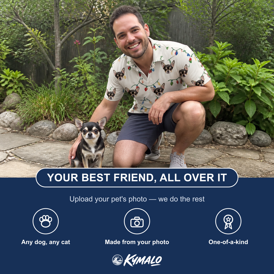 Friends in matching Men's Twinkle Tangled Custom Dog Face Polo Shirt — a group gift photo