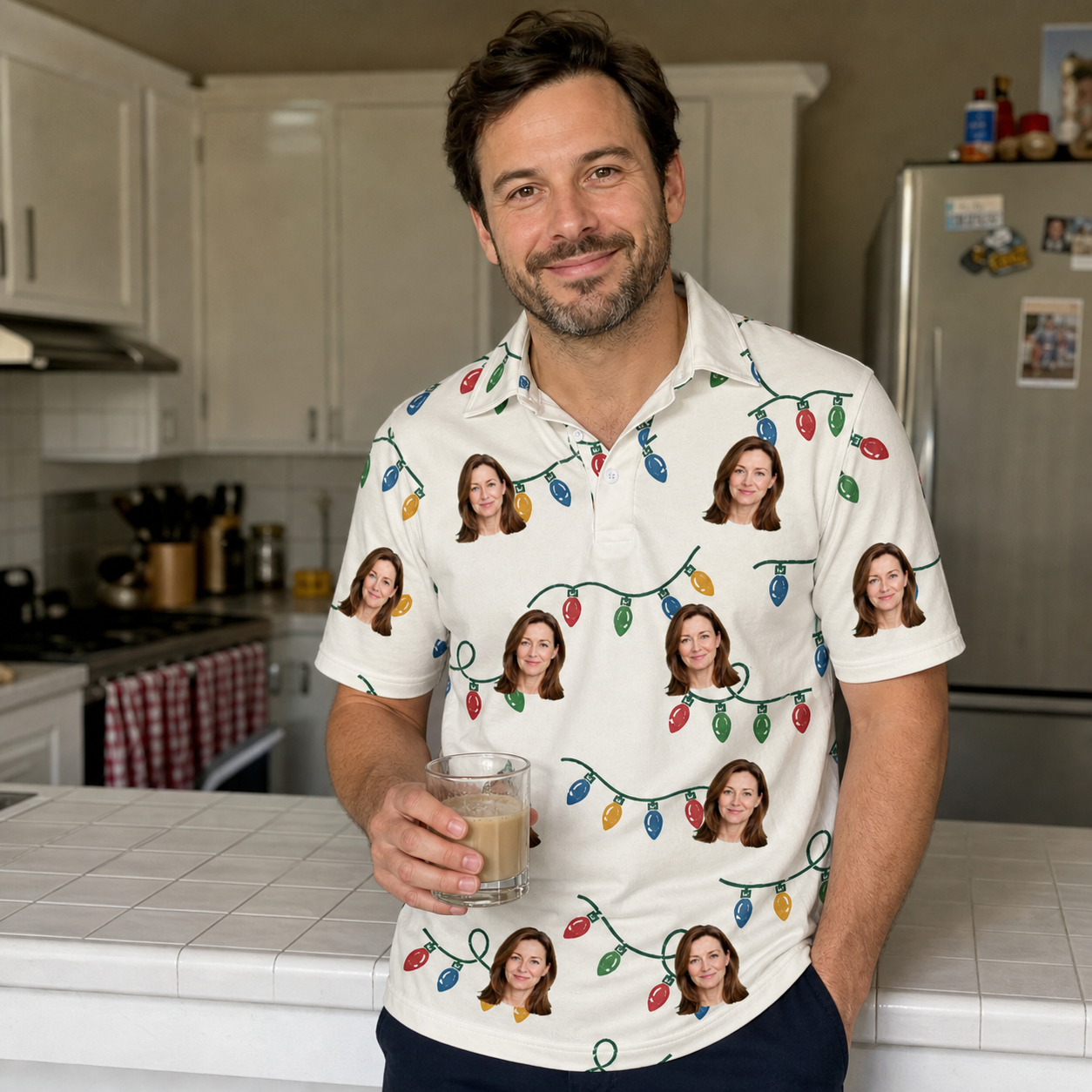 Real-life photo of someone wearing Men's Twinkle Tangled Custom Face Polo Shirt — custom faces printed all-over
