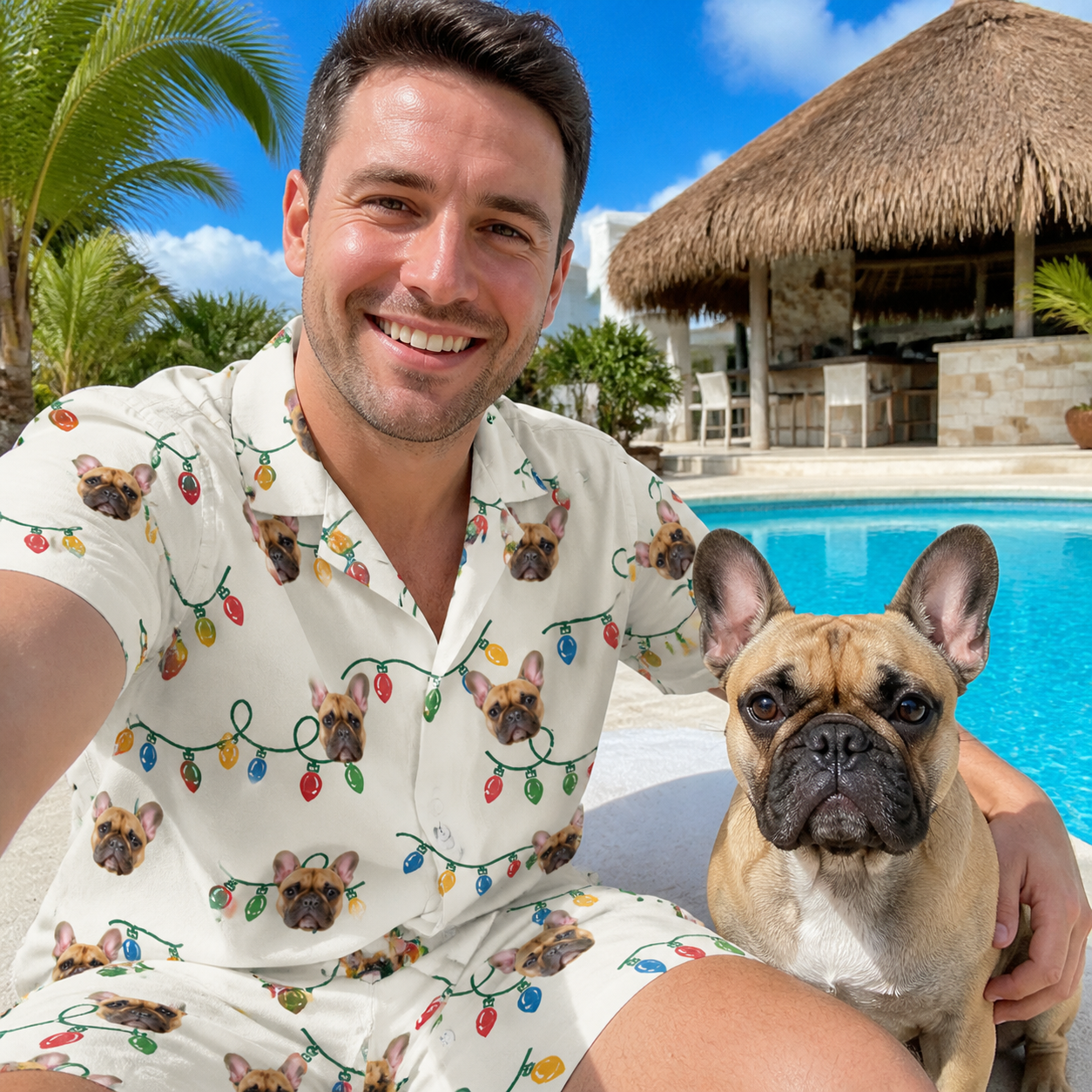 Selfie with the pet whose face is printed all over this Men's Twinkle Tangled Custom Dog Face Shirt & Shorts Set