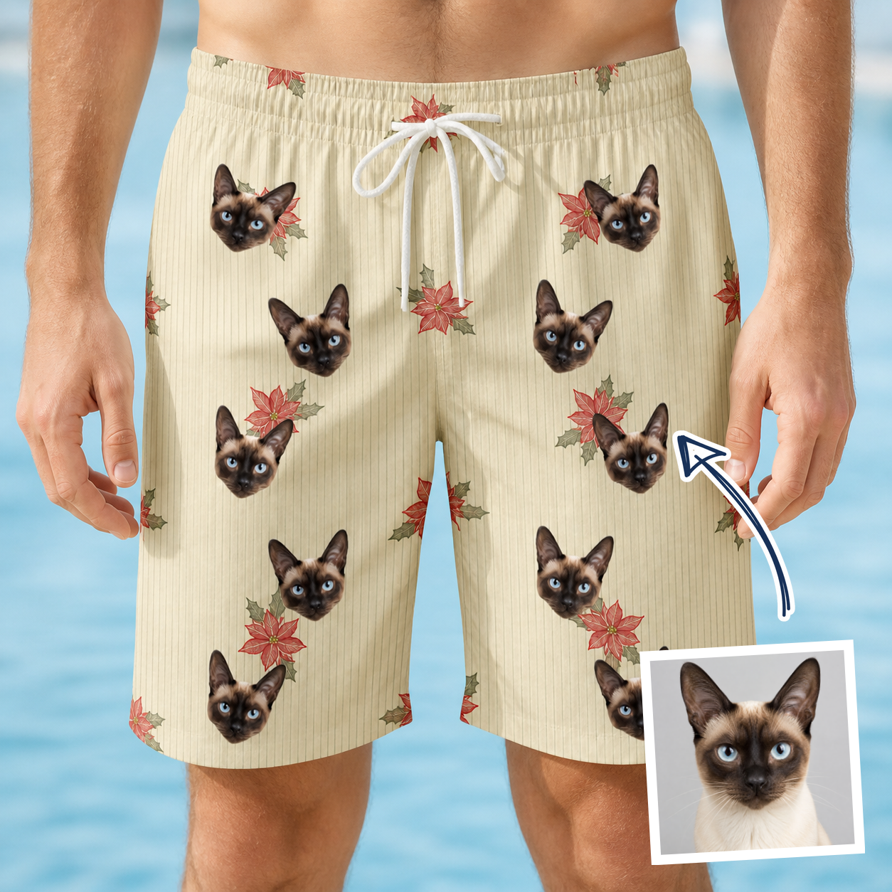 Man wearing Men's Poinsettia Pop Custom Cat Face Beach Shorts — custom faces printed all-over