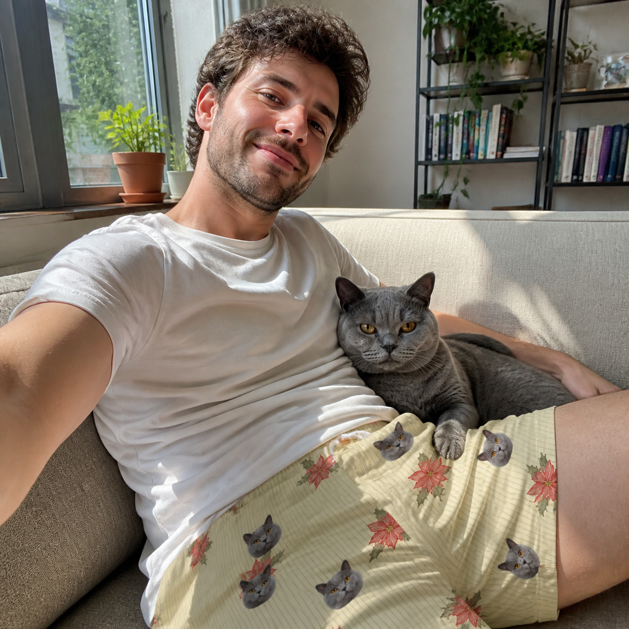 Selfie with the pet whose face is printed all over this Men's Poinsettia Pop Custom Cat Face Beach Shorts