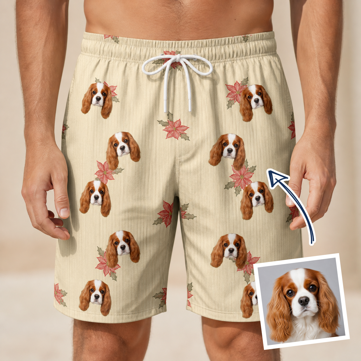 Man wearing Men's Poinsettia Pop Custom Dog Face Beach Shorts — custom faces printed all-over