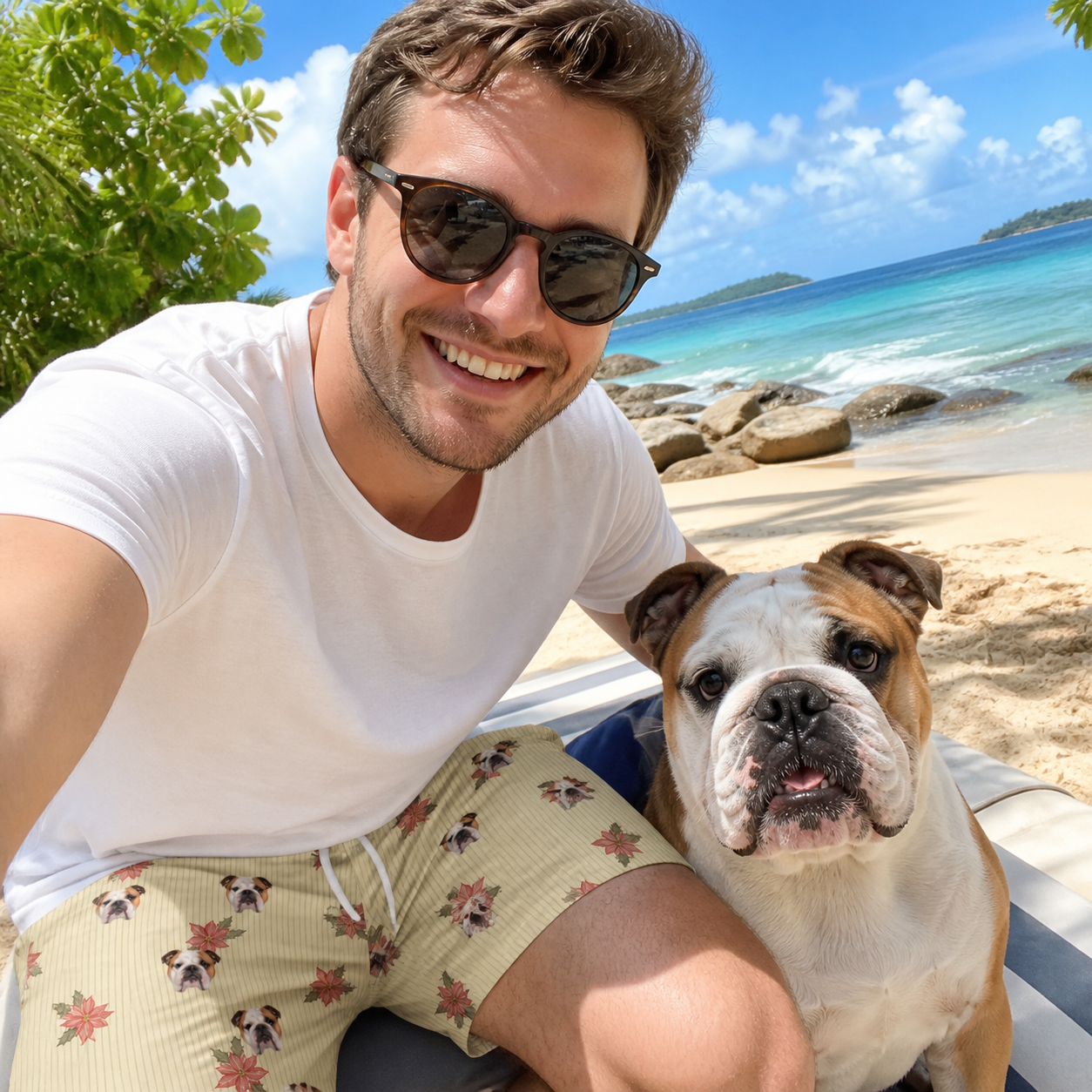 Selfie with the pet whose face is printed all over this Men's Poinsettia Pop Custom Dog Face Beach Shorts