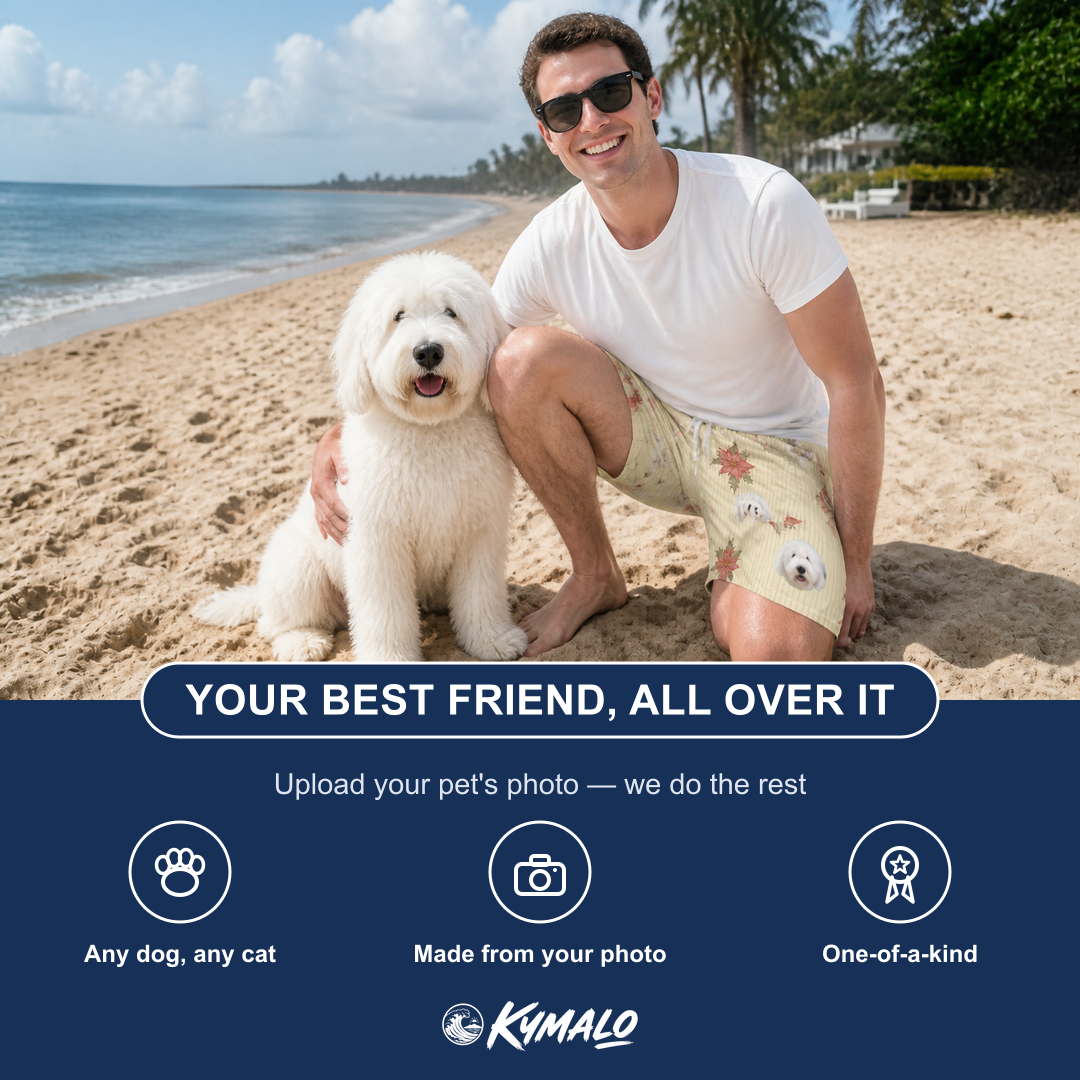 Friends in matching Men's Poinsettia Pop Custom Dog Face Beach Shorts — a group gift photo