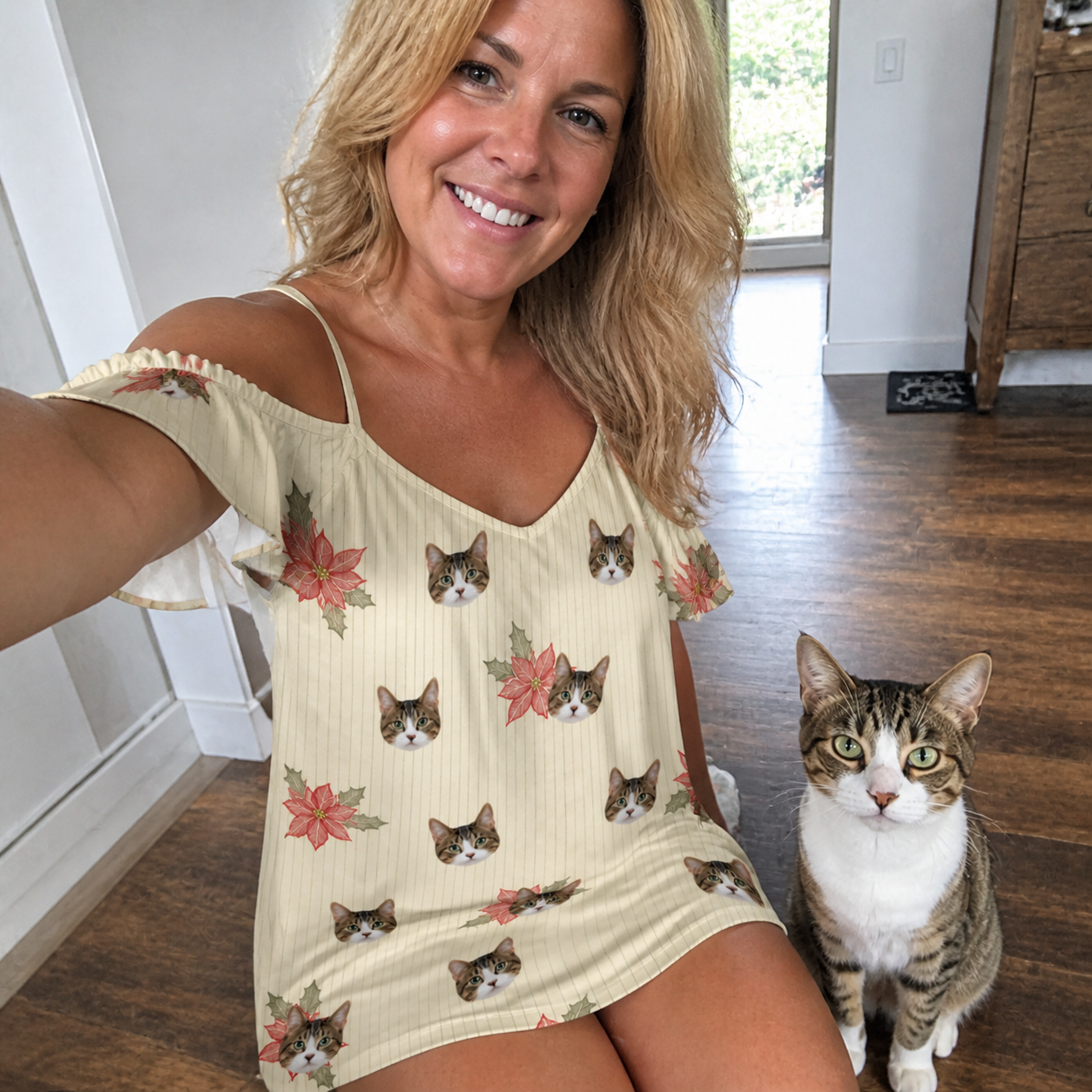 Selfie with the pet whose face is printed all over this Women's Poinsettia Pop Custom Cat Face Off-Shoulder Dress