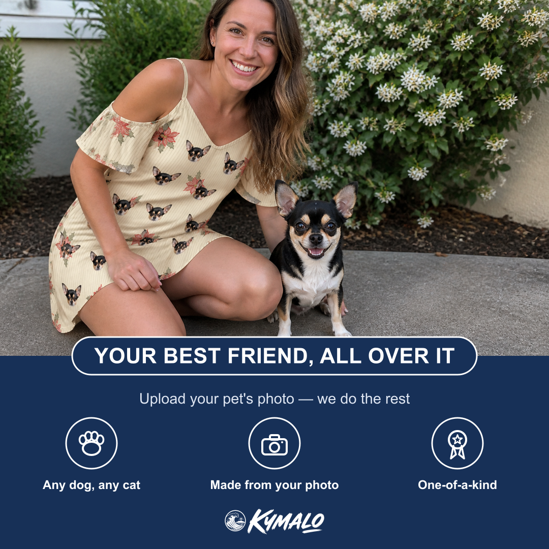 Friends in matching Women's Poinsettia Pop Custom Dog Face Off-Shoulder Dress — a group gift photo