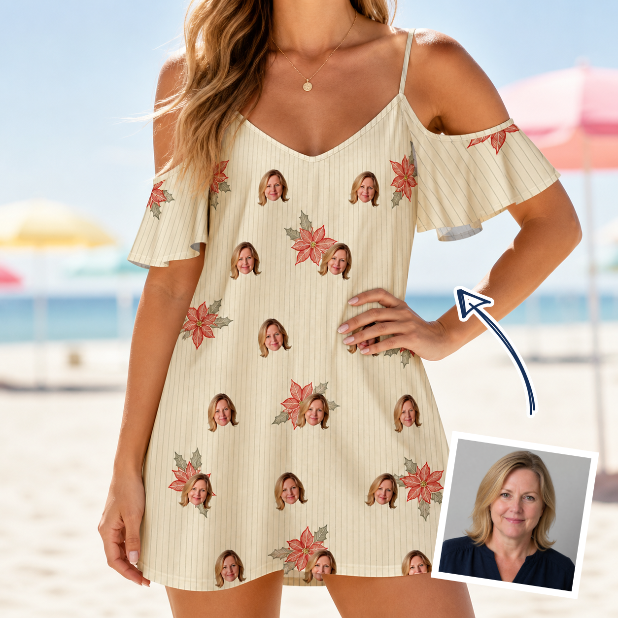 Woman wearing Women's Poinsettia Pop Custom Face Off-Shoulder Dress — custom faces printed all-over