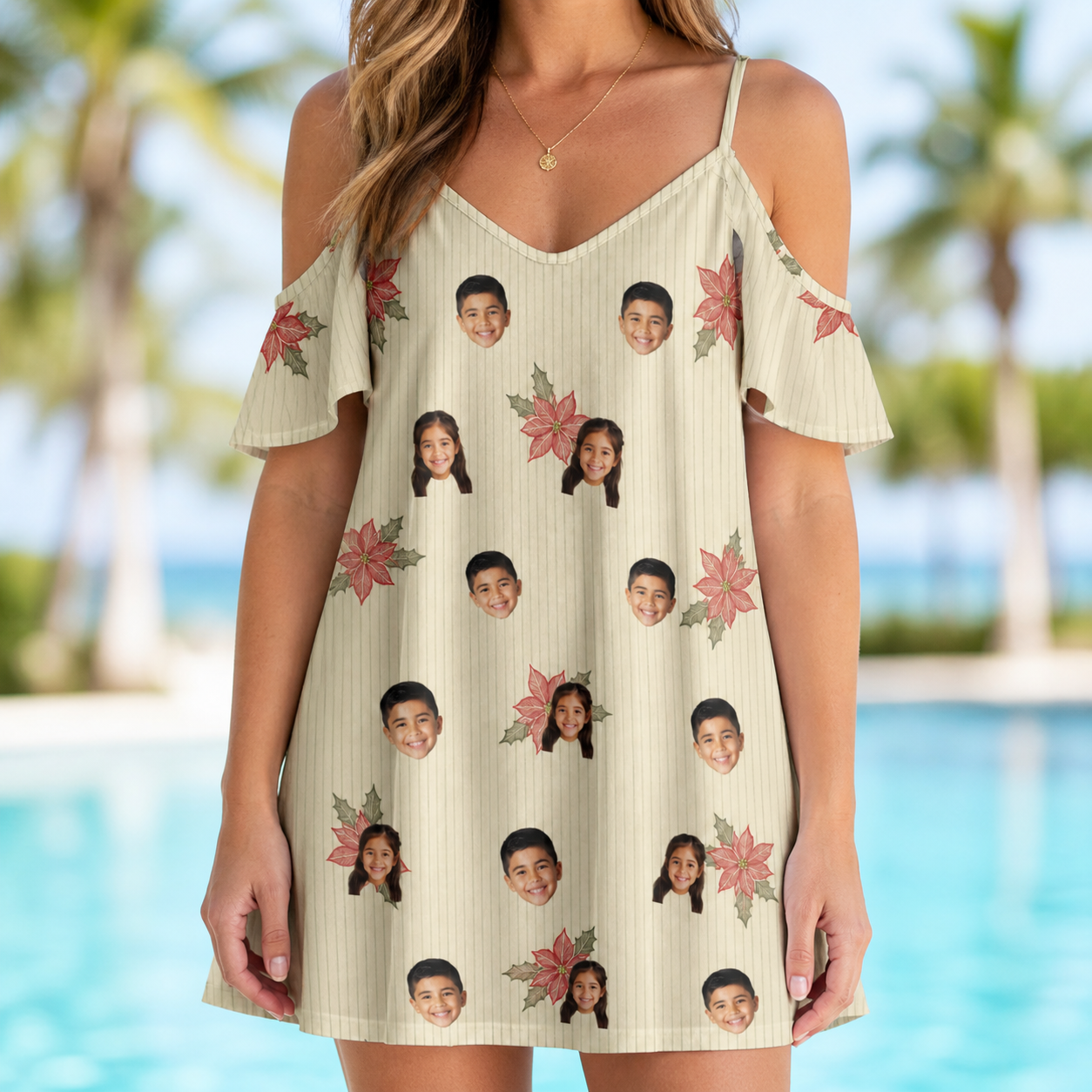 Model wearing Women's Poinsettia Pop Custom Face Off-Shoulder Dress printed with kids' faces