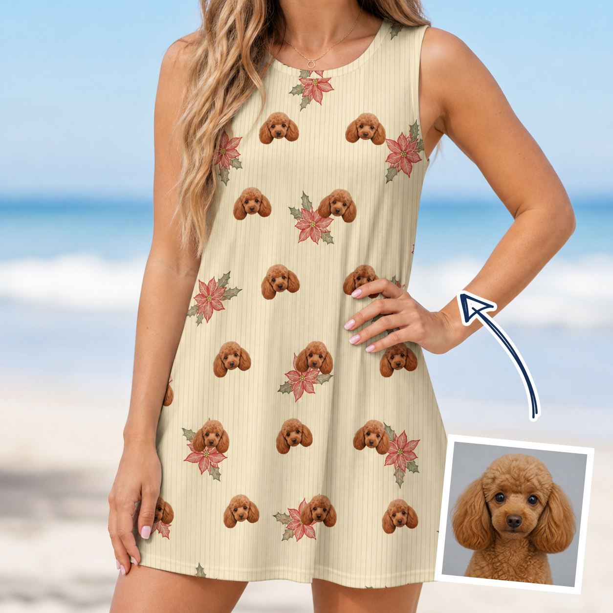 Woman wearing Women's Poinsettia Pop Custom Dog Face Tank Dress — custom faces printed all-over