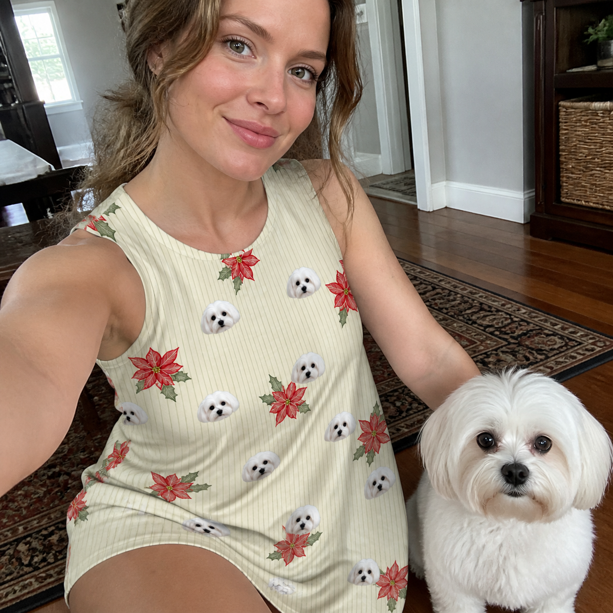 Selfie with the pet whose face is printed all over this Women's Poinsettia Pop Custom Dog Face Tank Dress