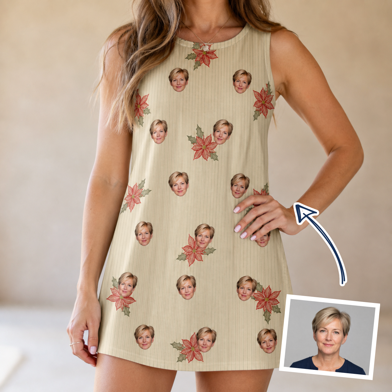 Woman wearing Women's Poinsettia Pop Custom Face Tank Dress — custom faces printed all-over
