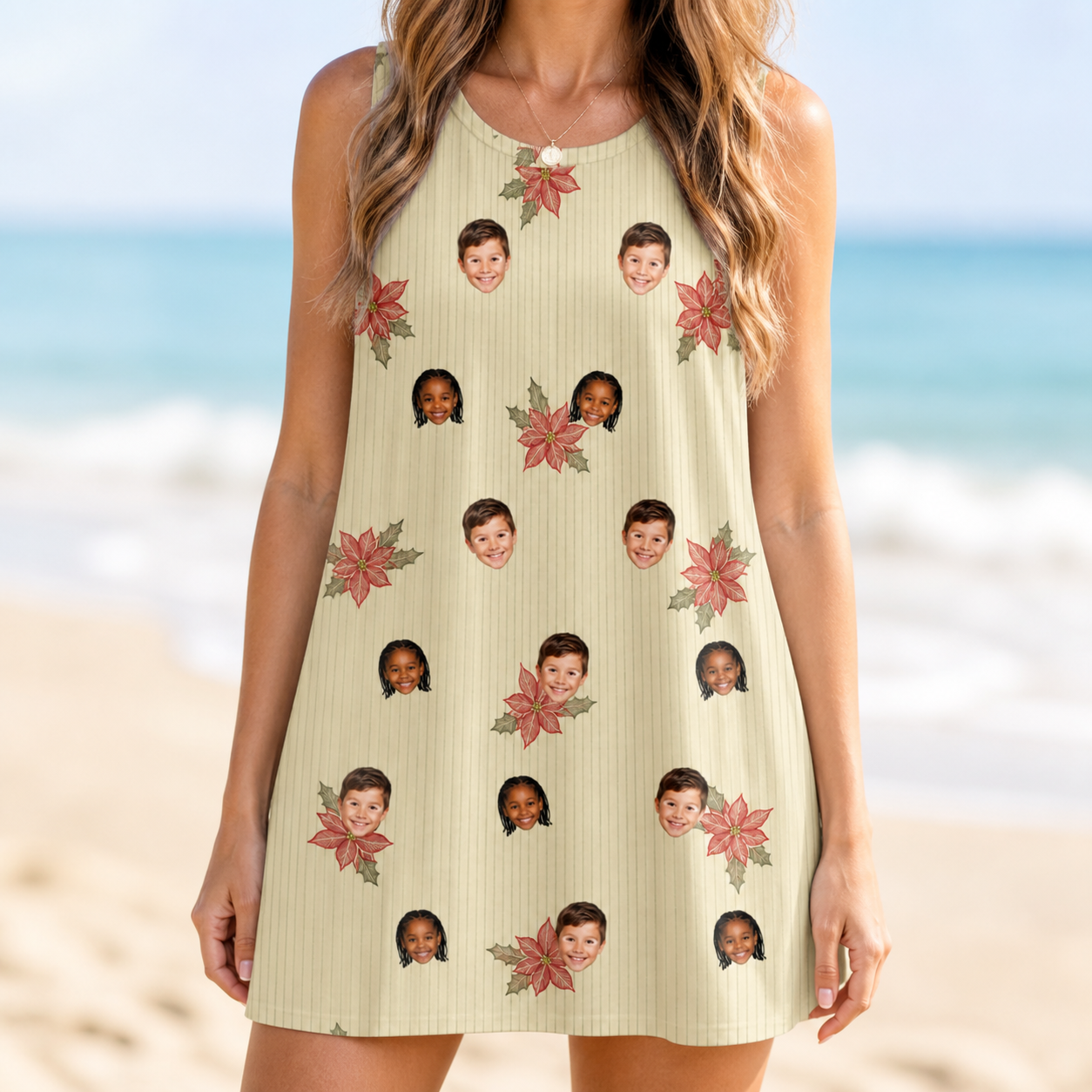 Model wearing Women's Poinsettia Pop Custom Face Tank Dress printed with kids' faces
