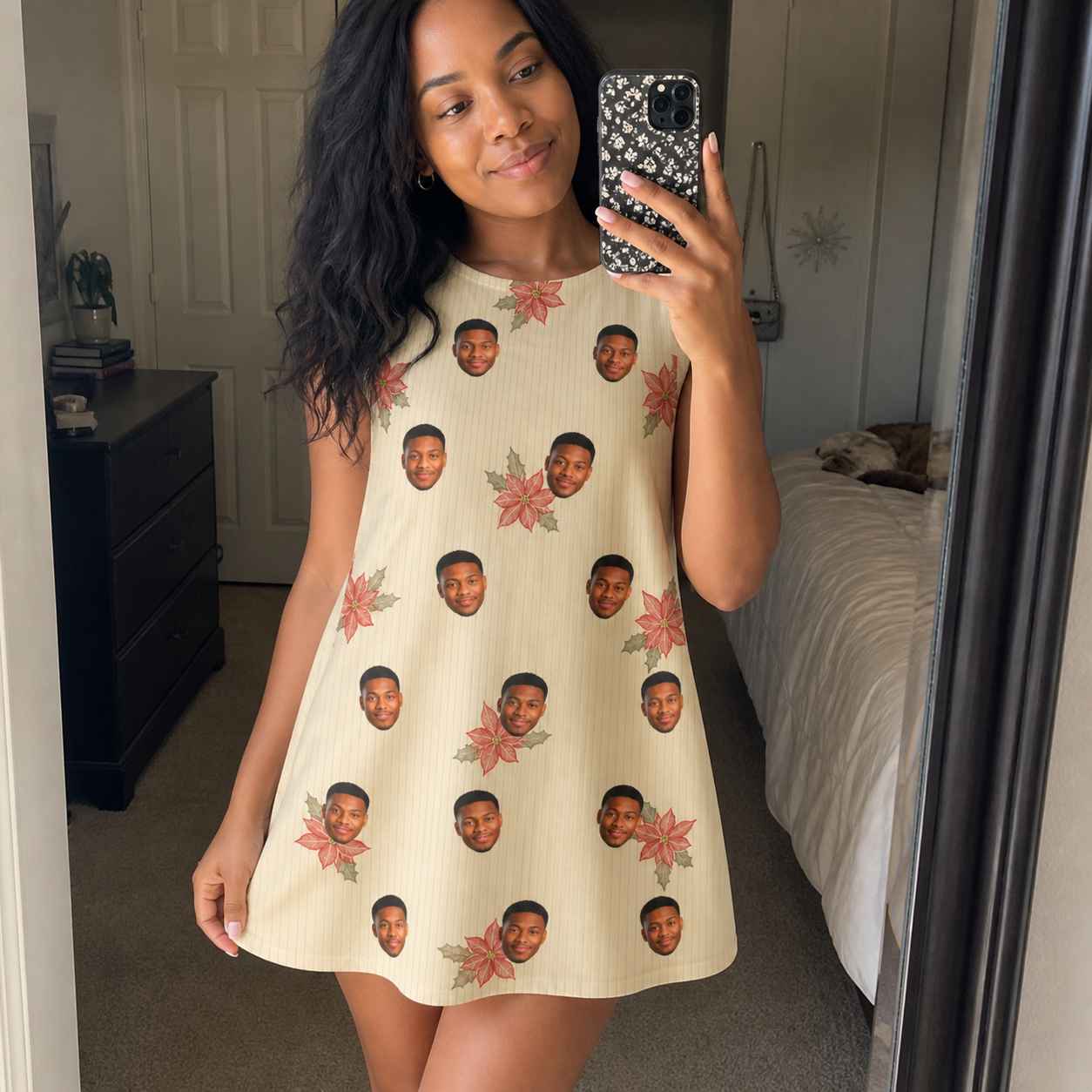 Real-life photo of someone wearing Women's Poinsettia Pop Custom Face Tank Dress — custom faces printed all-over