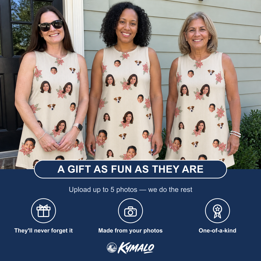 Friends in matching Women's Poinsettia Pop Custom Face Tank Dress — a group gift photo