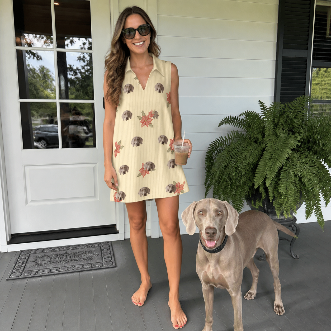 Full-length photo with the pet printed all over this Women's Poinsettia Pop Custom Dog Face V-Neck Dress